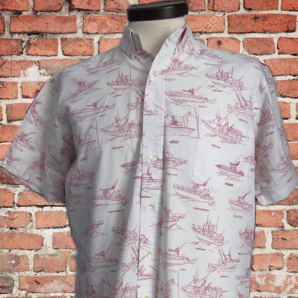 Bluewater Wear Men's Button-Up Shirt White Boat Graphics Short Sleeve L USA EUC